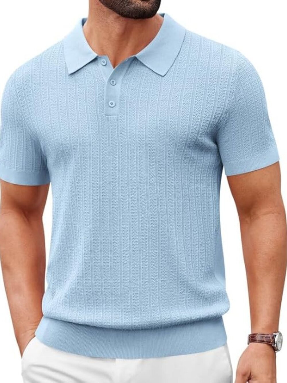 Men's Light Blue Casual Knit Polo Short Sleeve Slim T-Shirts Fit Textured